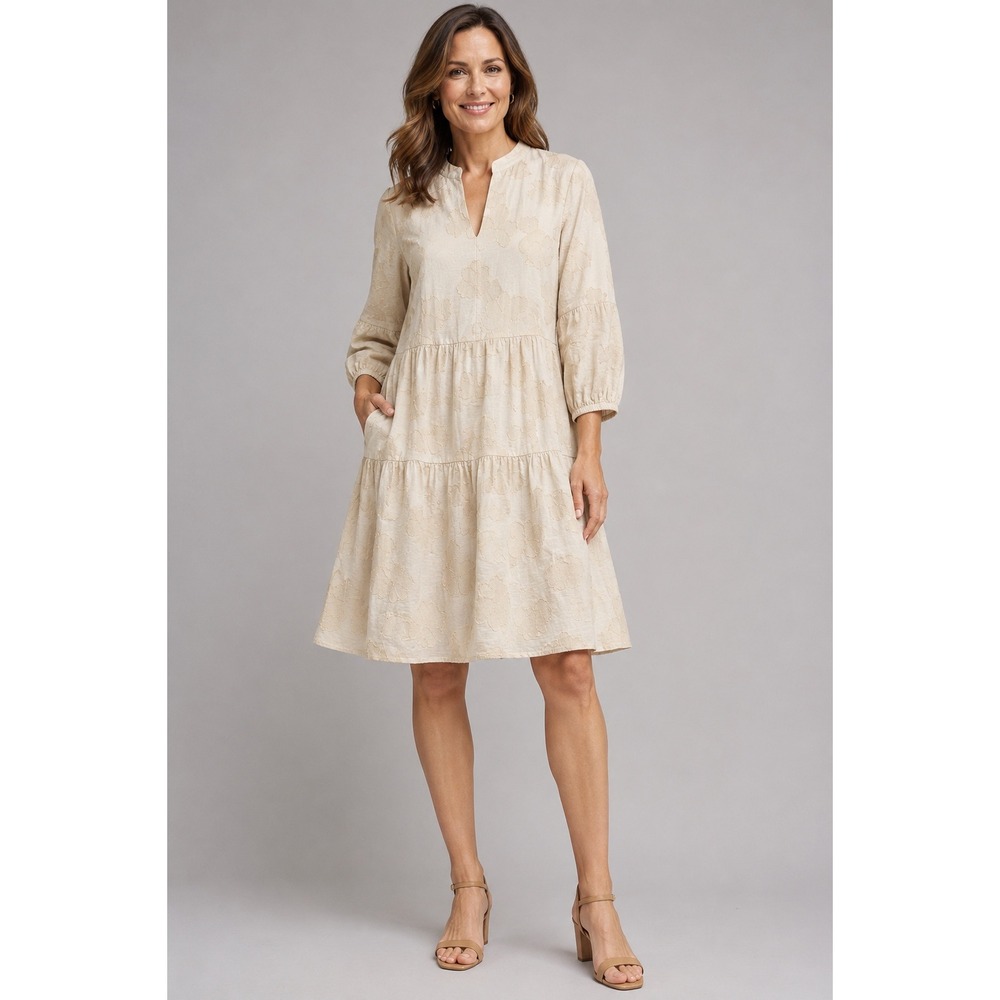 Chicos Tiered Dress Womens 00 XS 2 Beige Floral Metallic Cotton Boho Romantic
